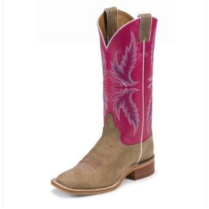 Justin Bent Rail Tan and dark pink 13” Cowboy Boots. Vintage. Broad Square Toe.